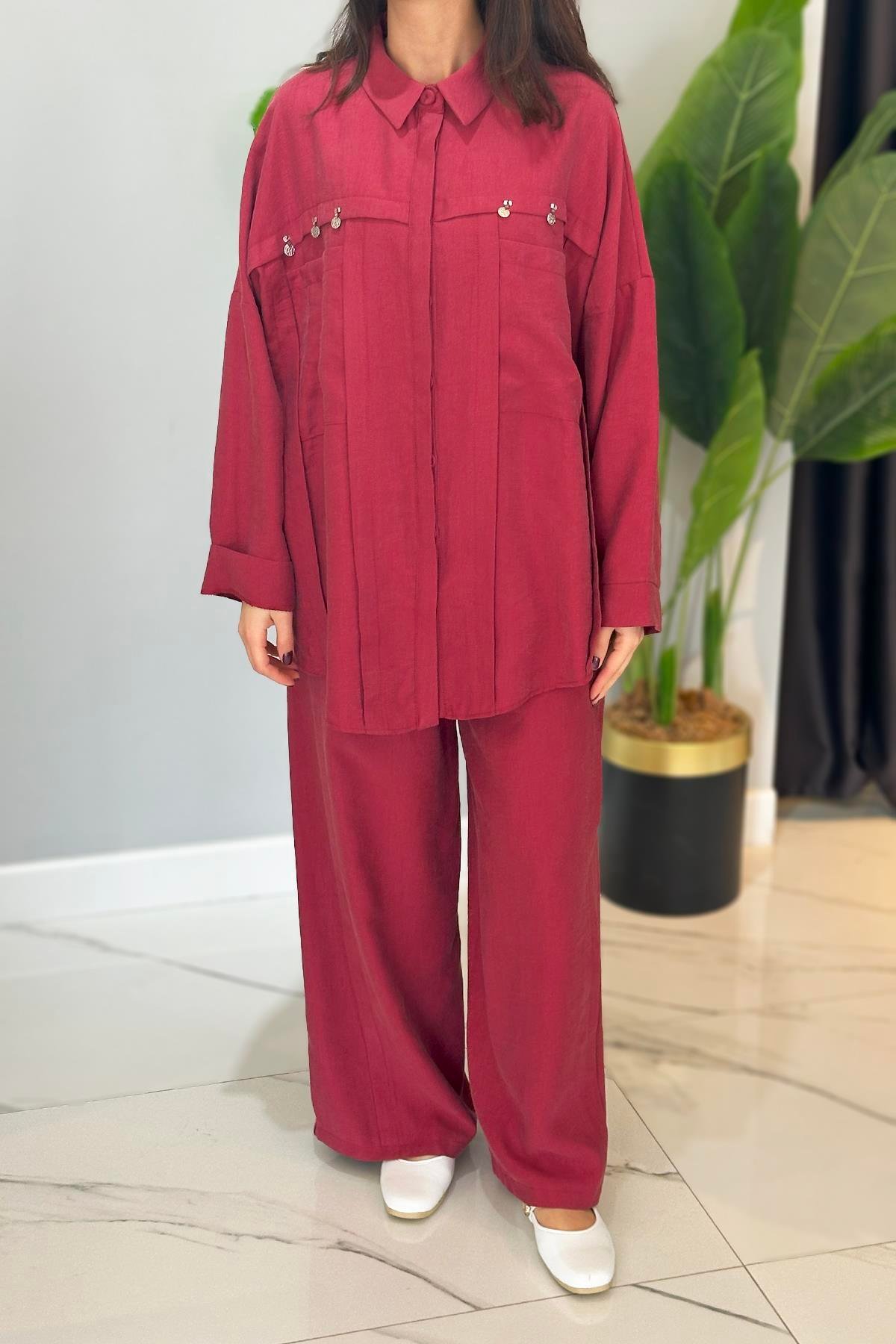 Gümüş Para İşlemeli Üstten Torba Cepli Pantolonlu Pasion Takım 5905 Kırmızı