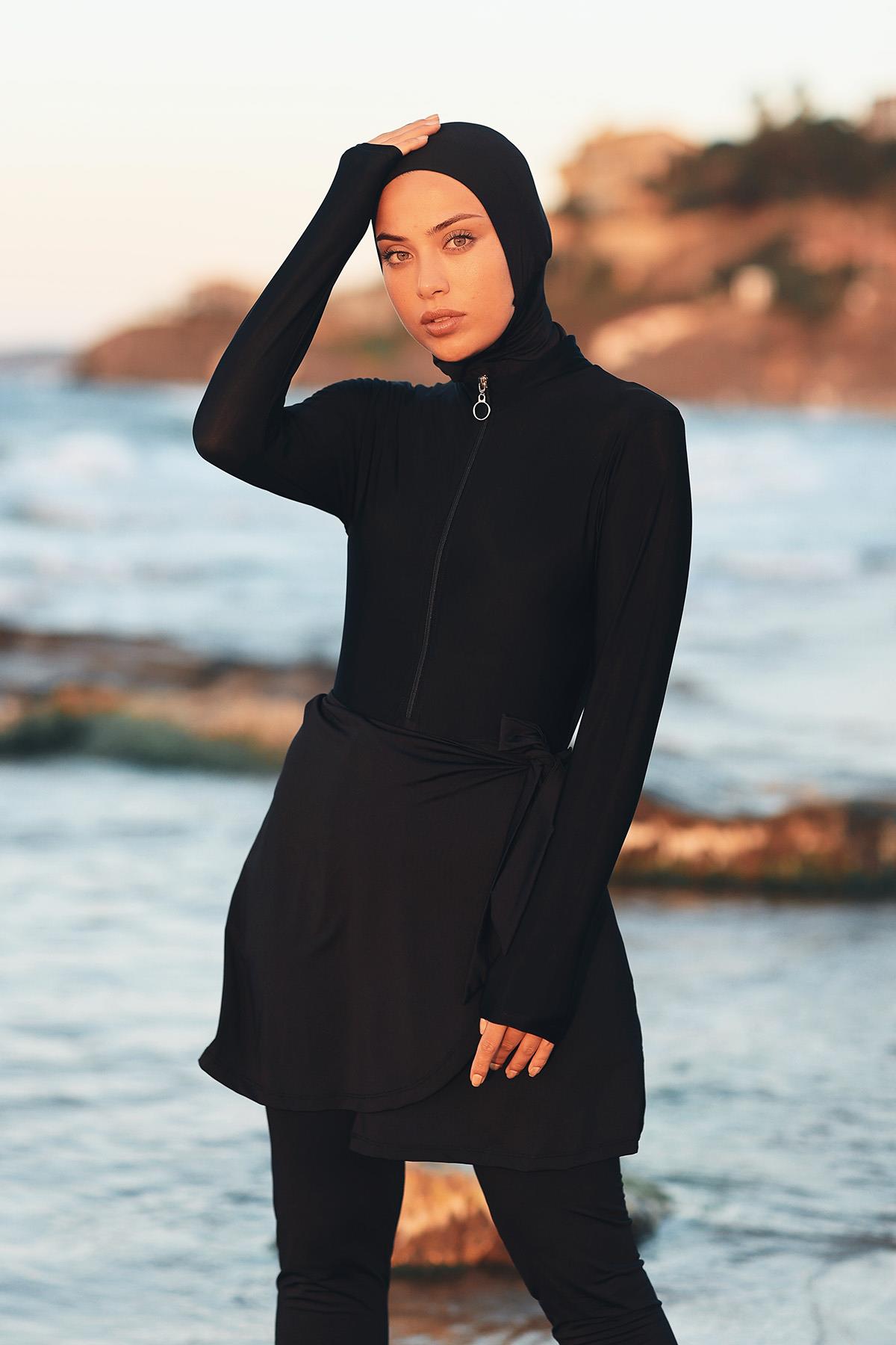 Havuz Deniz Bağlanabilir Likralı Etek Pareo Siyah RP005 Remsa Mayo