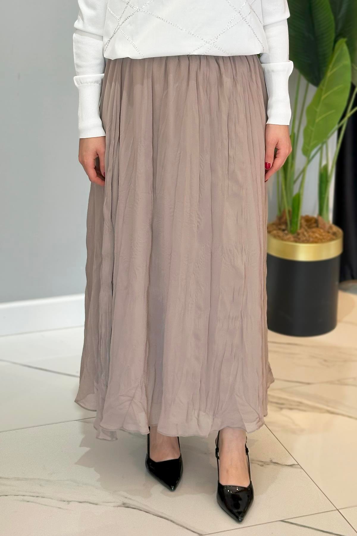 İçi Sandy Şifon Kraşlı Beli Lastikli Etek 5638 Bej