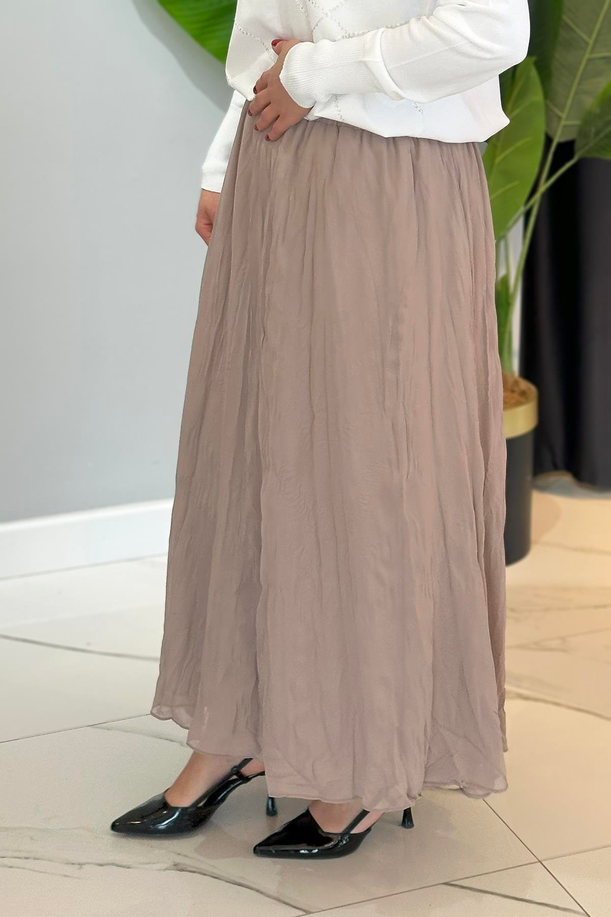 İçi Sandy Şifon Kraşlı Beli Lastikli Etek 5638 Bej