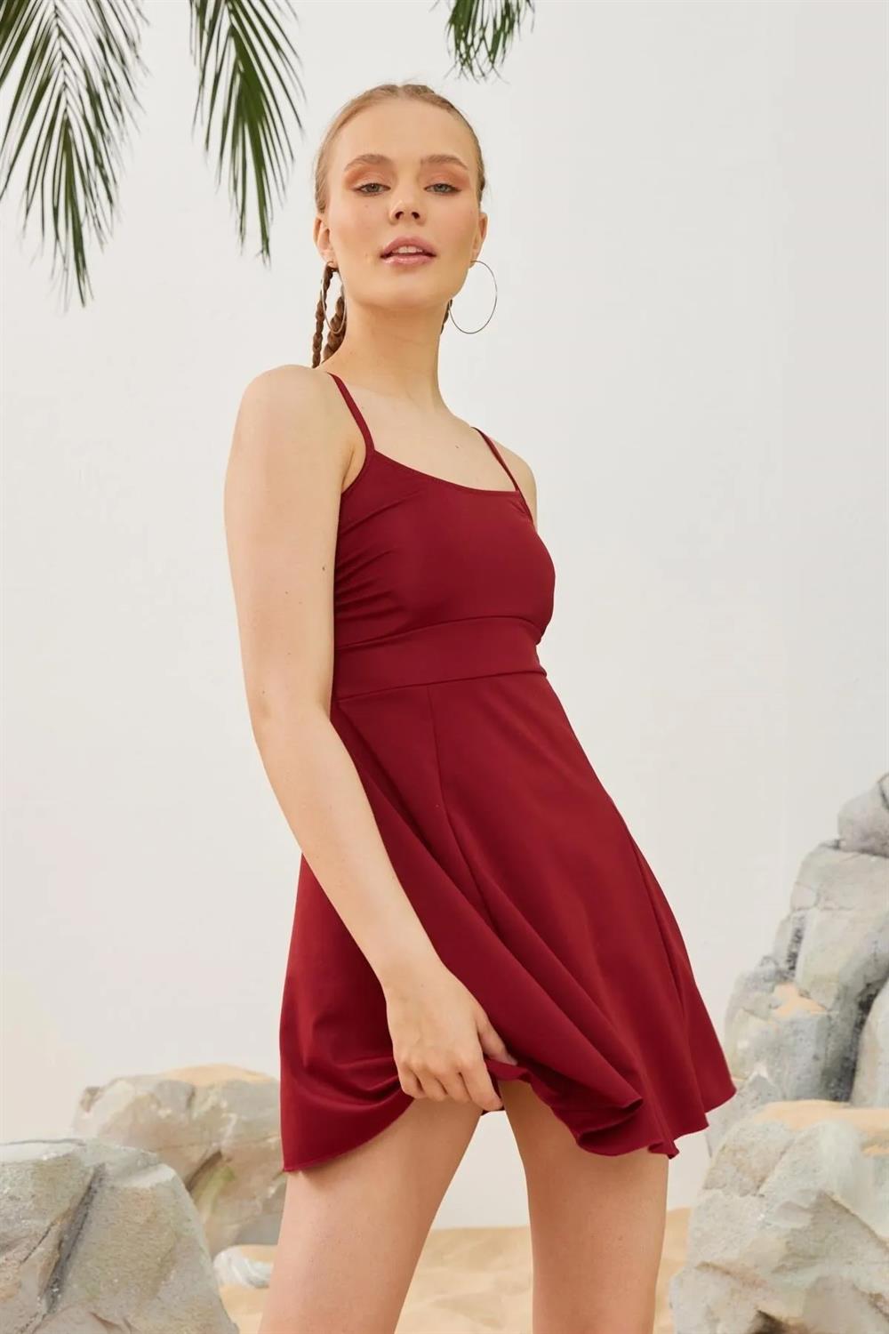 İnce Askılı Elbise Mayo Etekli Mayo Yüzücü Mayo L123-09 Bordo