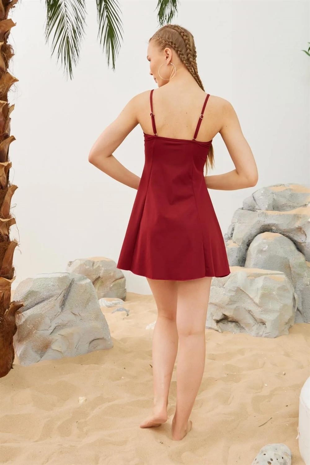 İnce Askılı Elbise Mayo Etekli Mayo Yüzücü Mayo L123-09 Bordo