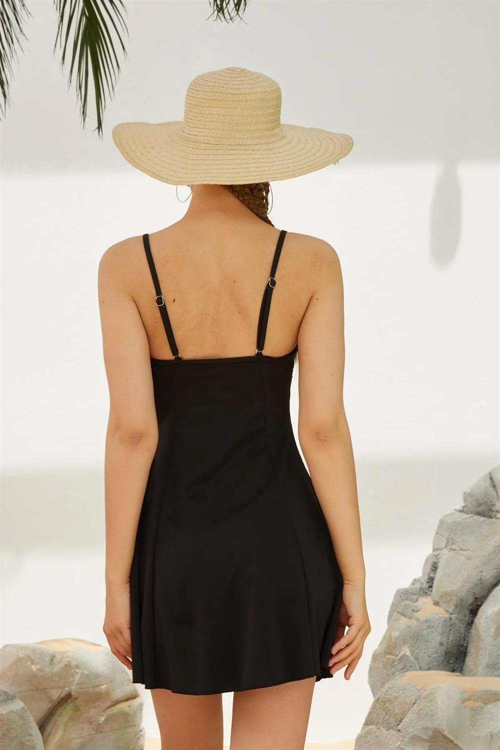 İnce Askılı Elbise Mayo Etekli Mayo Yüzücü Mayo L123-01 Siyah