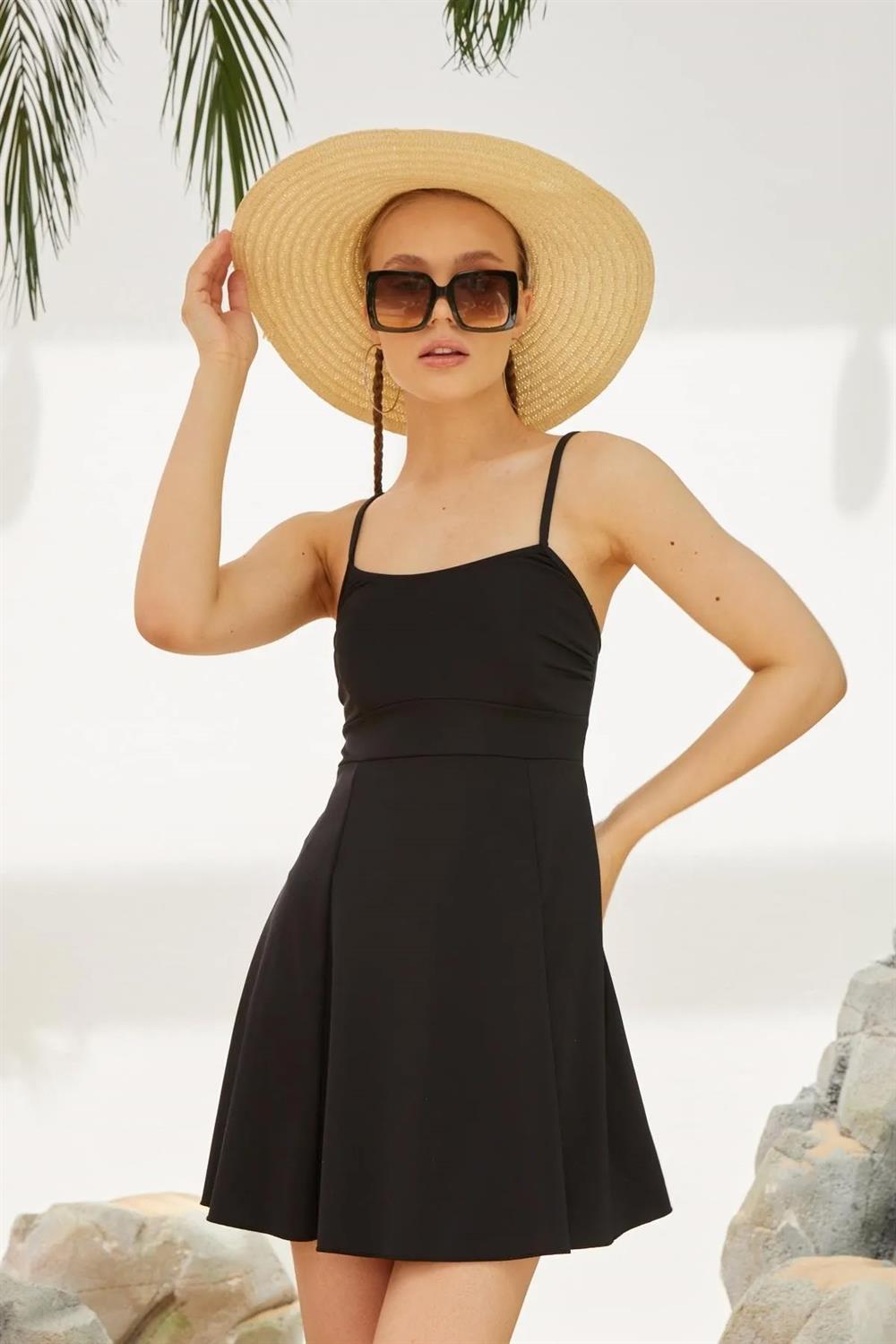 İnce Askılı Elbise Mayo Etekli Mayo Yüzücü Mayo L123-01 Siyah