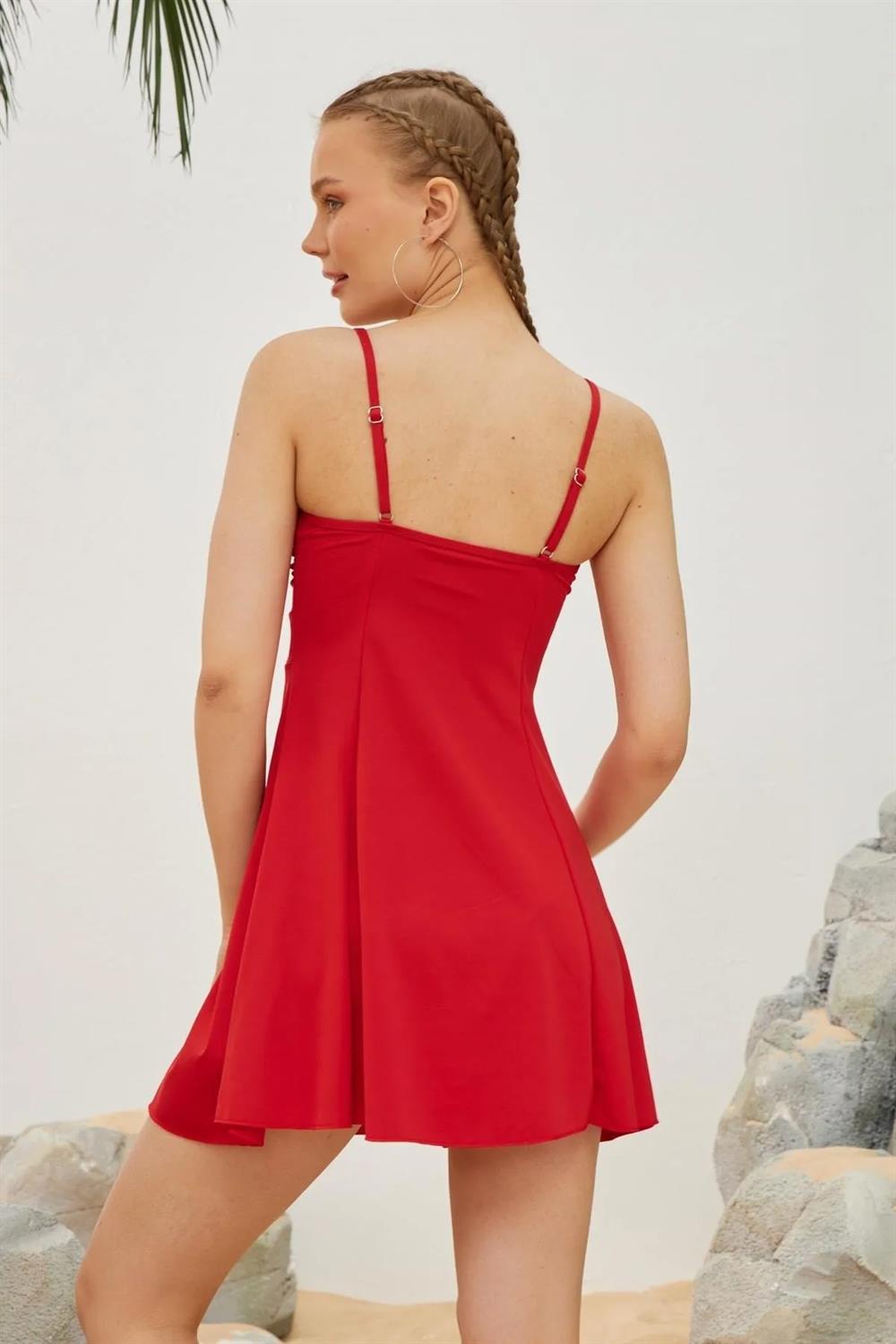 İnce Askılı Elbise Mayo Etekli Mayo Yüzücü Mayo L123-25 Kırmızı