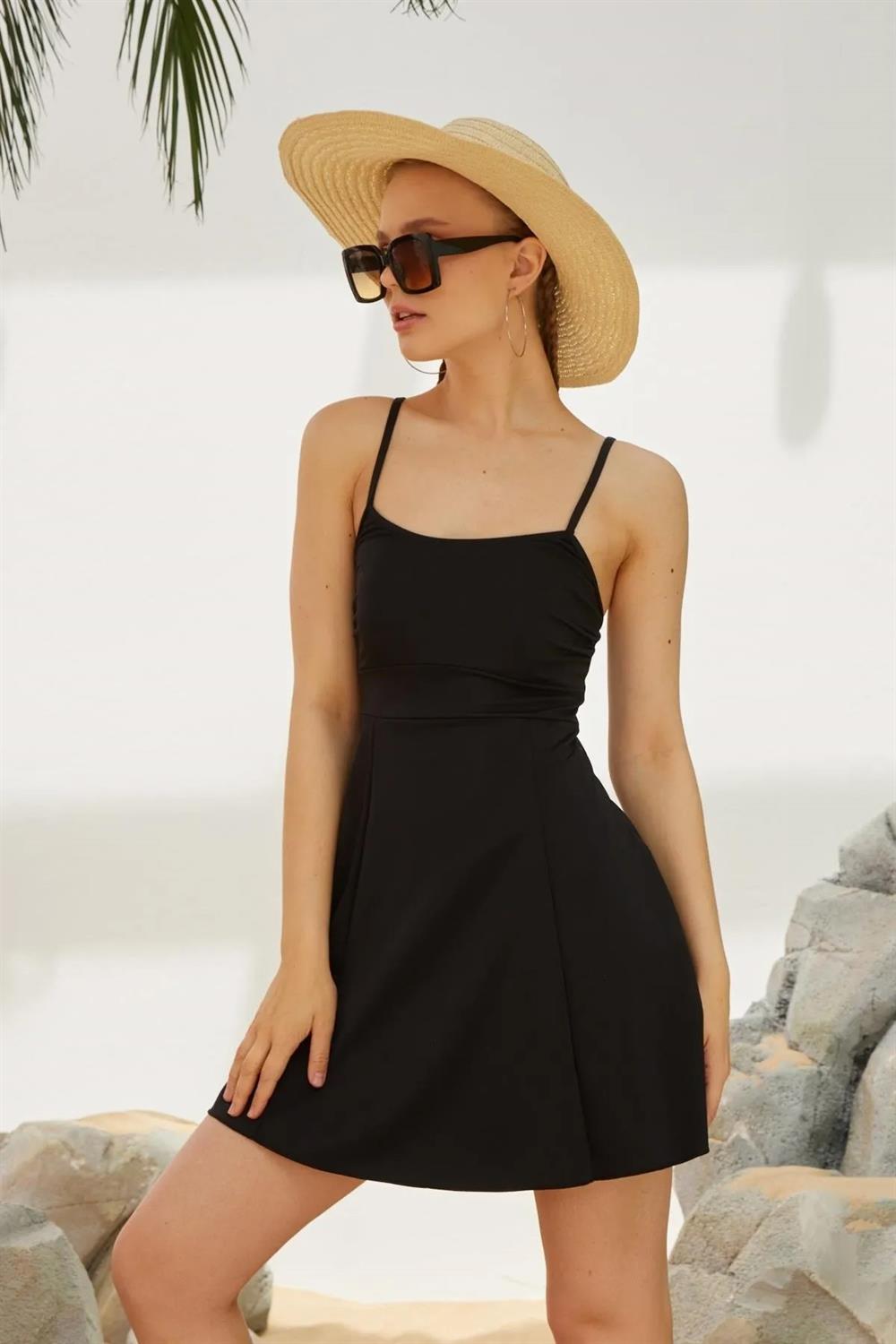 İnce Askılı Elbise Mayo Etekli Mayo Yüzücü Mayo L123-01 Siyah