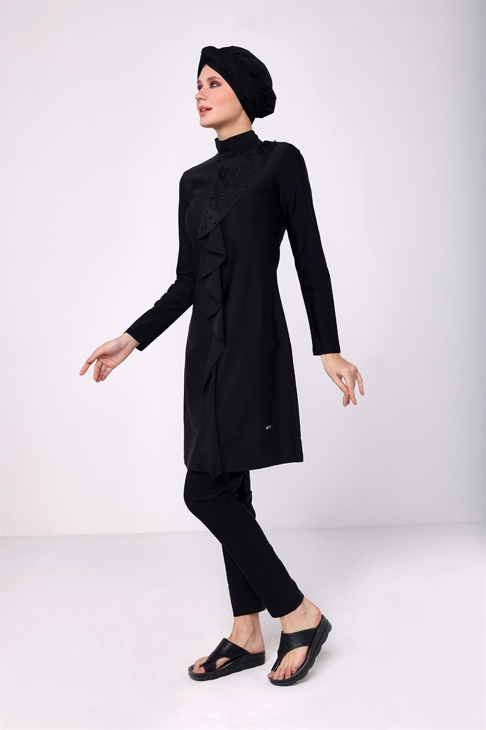 İnci Fırfır Detay Tam Kapalı Tesettür Mayo 2130 Siyah Remsa Mayo