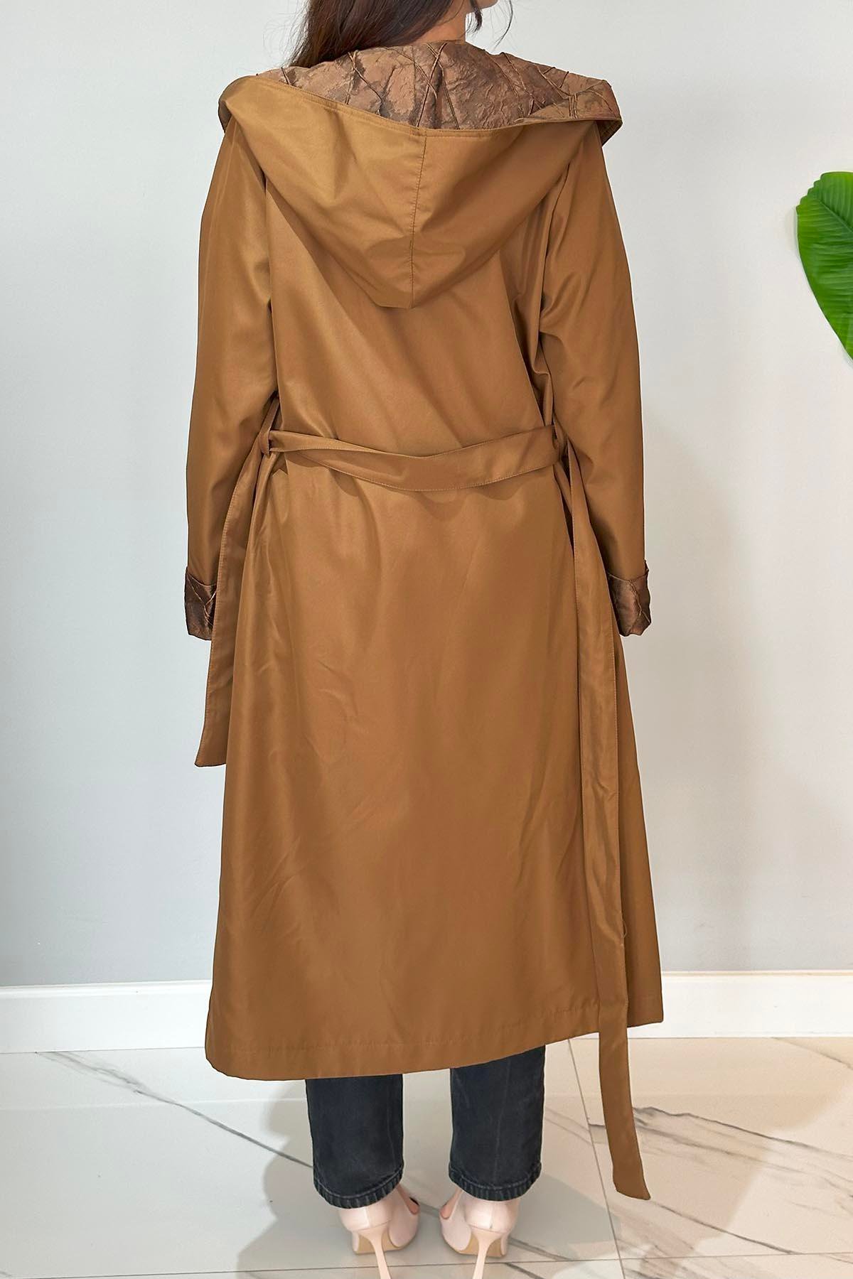 Jakarlı Kapüşonlu Kap Ceket 17815 Taba