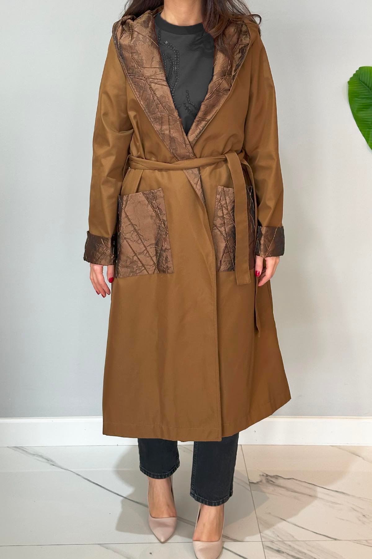 Jakarlı Kapüşonlu Kap Ceket 17815 Taba