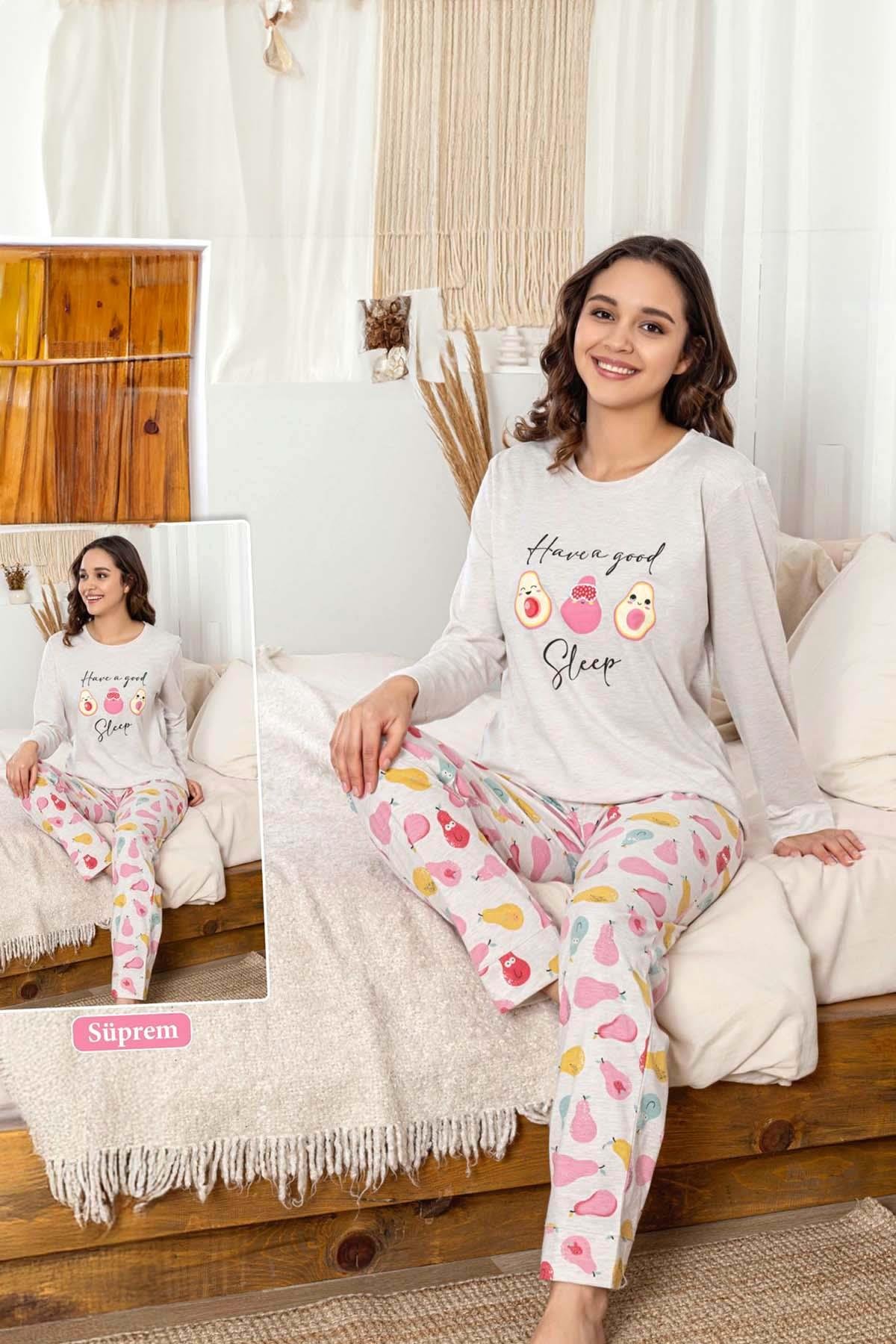Kadın Avakado Desen Suprem Pijama Takımı 0459 Gri