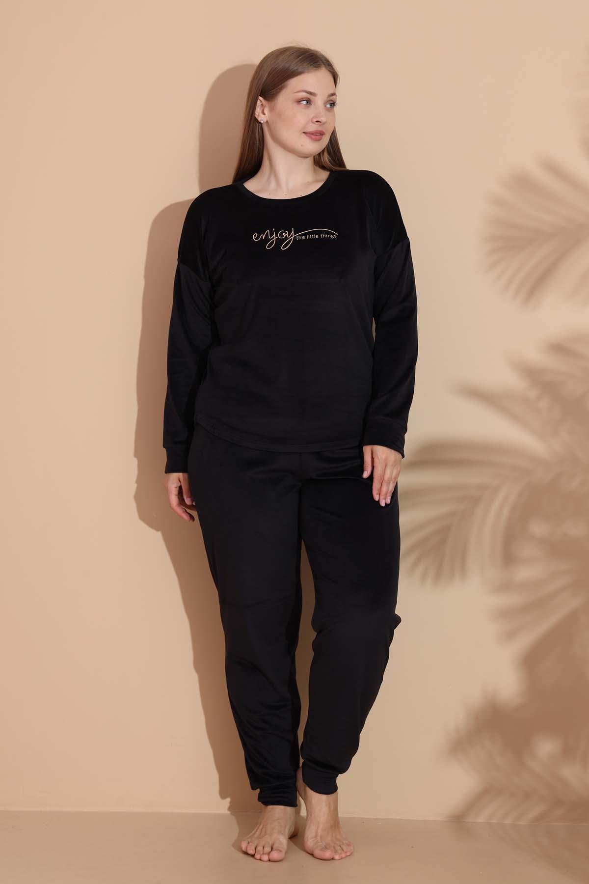 Kadın Battal Kadife Baskılı 2'li Takım 25390 Siyah