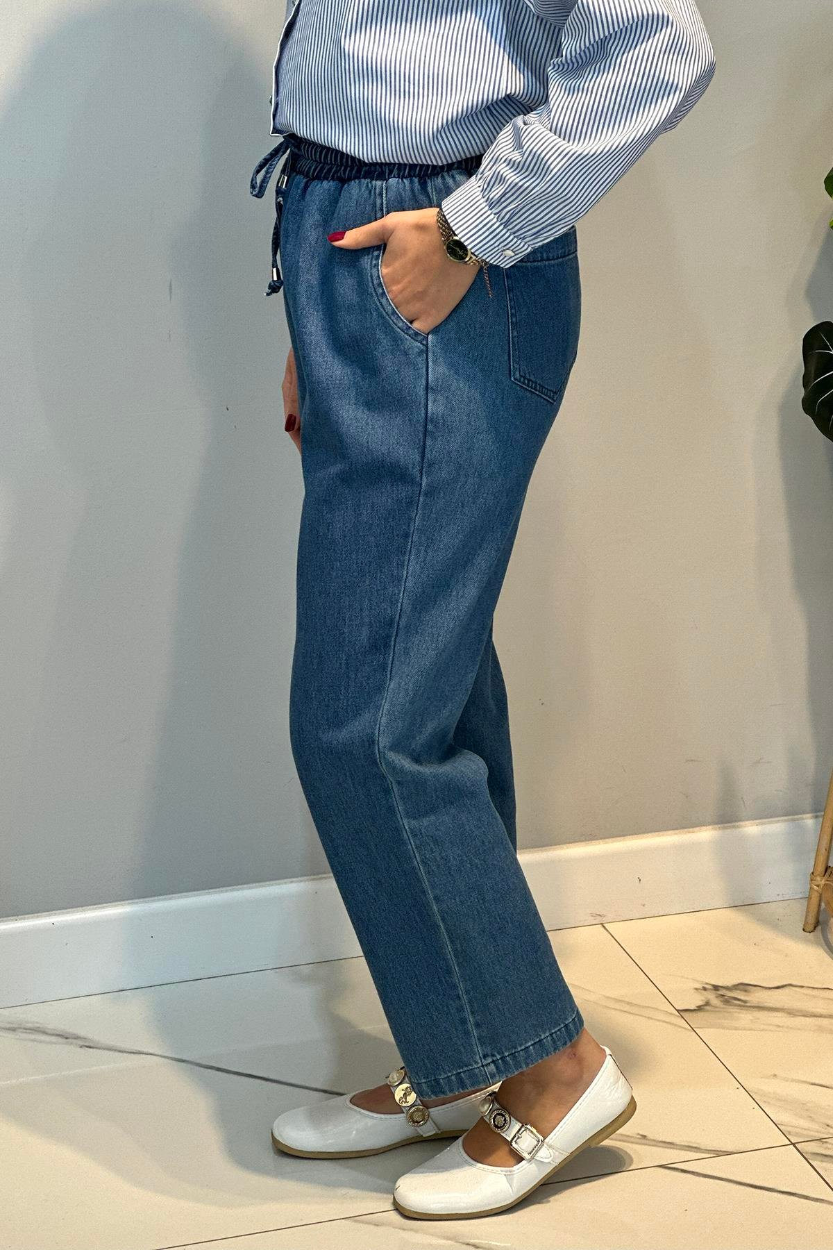 Kadın Beli Lastikli Jean Pantolon 16182 Mavi