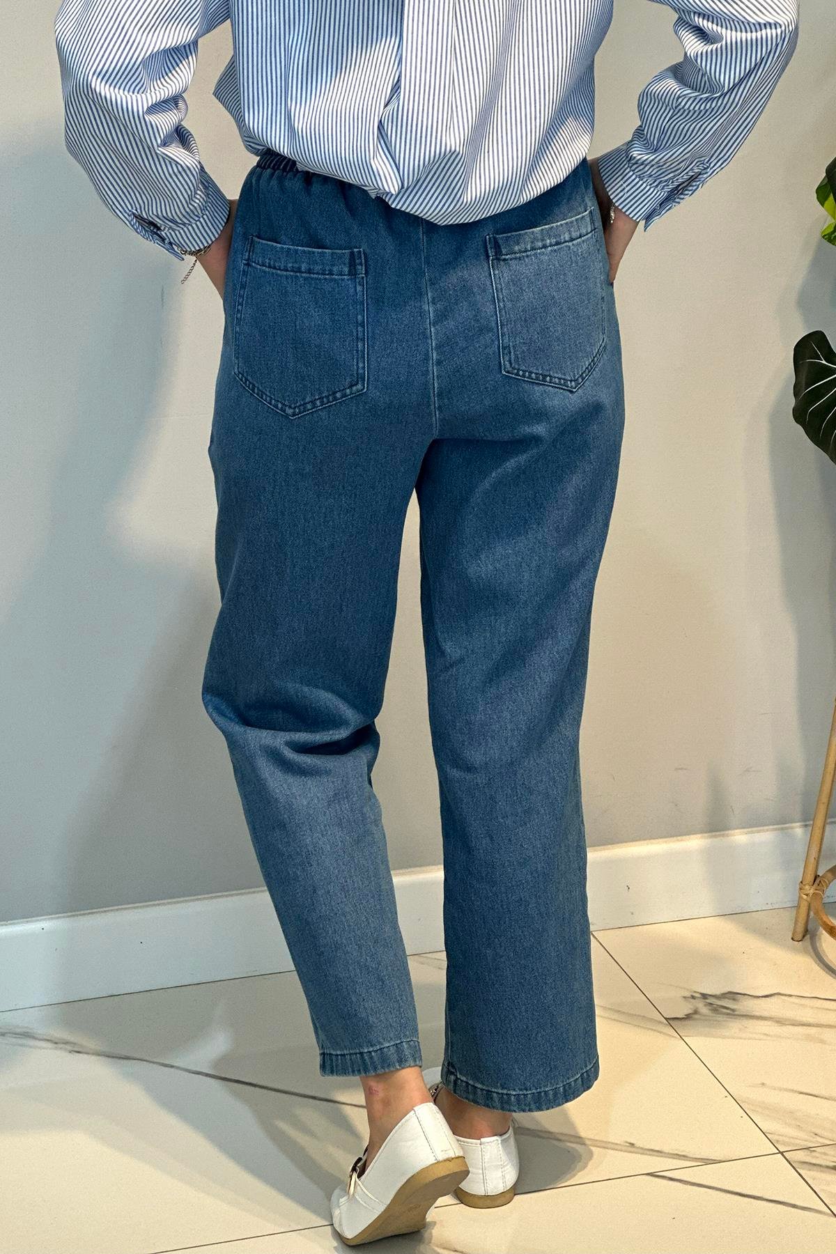 Kadın Beli Lastikli Jean Pantolon 16182 Mavi