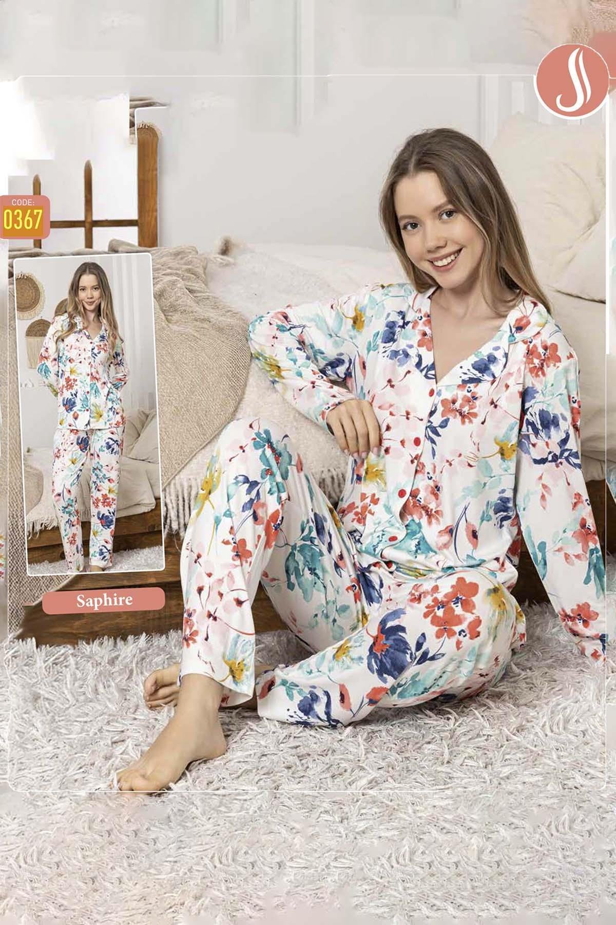 Kadın Çiçek Desen Düğmeli Saphire Pijama Takımı 0367 Ekru