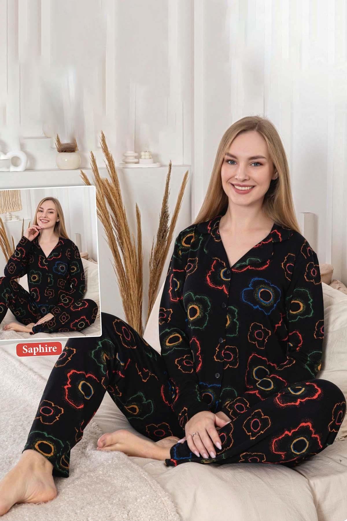 Kadın Çiçek Desen Düğmeli Saphire Pijama Takımı 0474 Siyah01