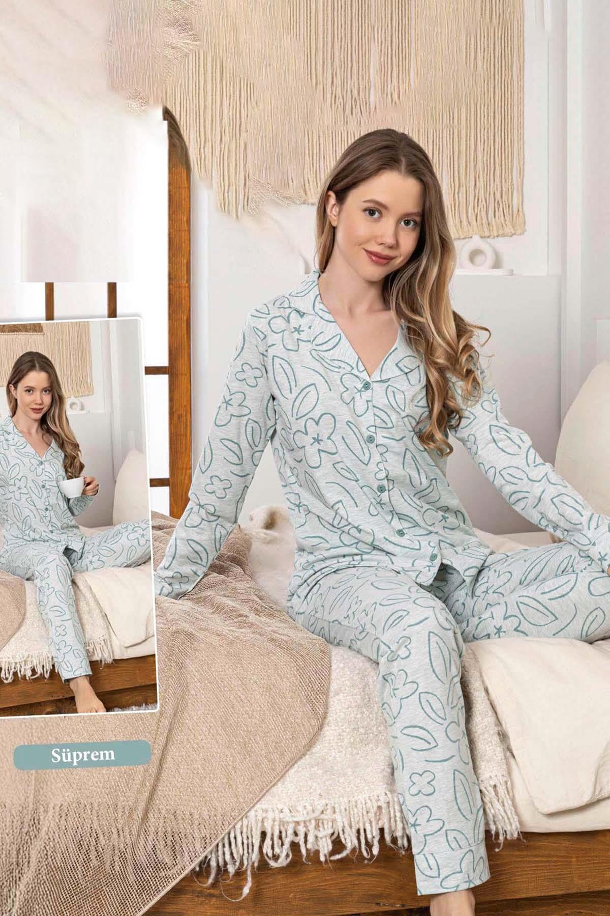 Kadın Çiçek Desen Düğmeli Suprem Pijama Takımı 0391 Mint