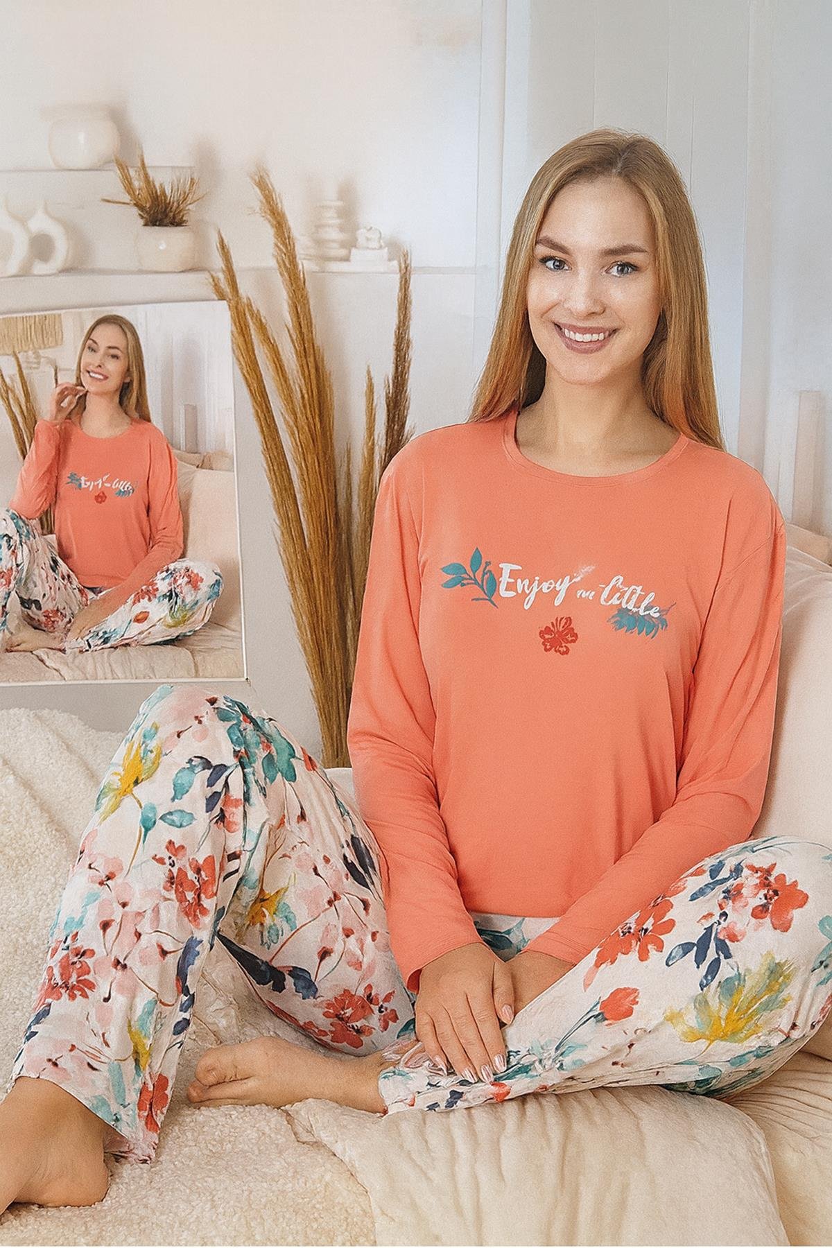 Kadın Çiçek Desen Saphire Pijama Takımı 0481 Nar Çiçeği