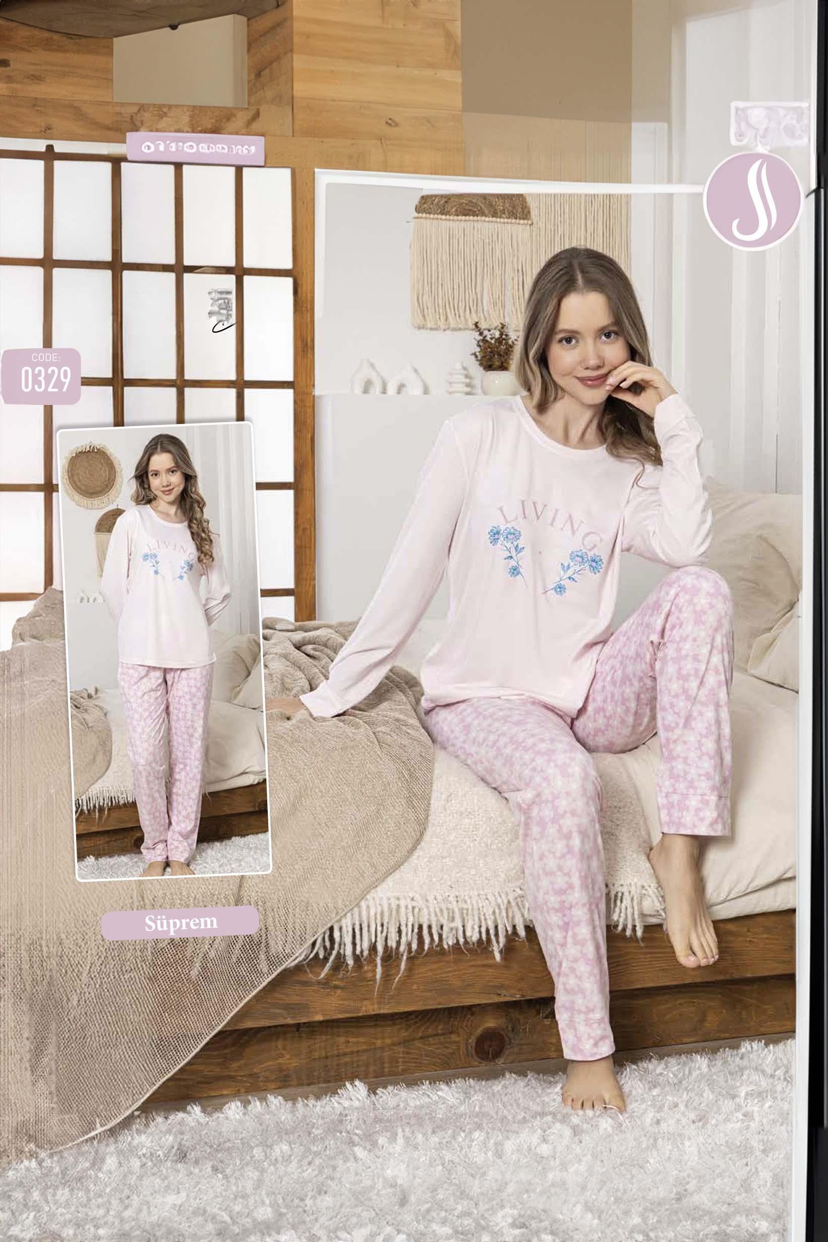 Kadın Çiçek Desen Süprem Pijama Takımı 0329 Pembe