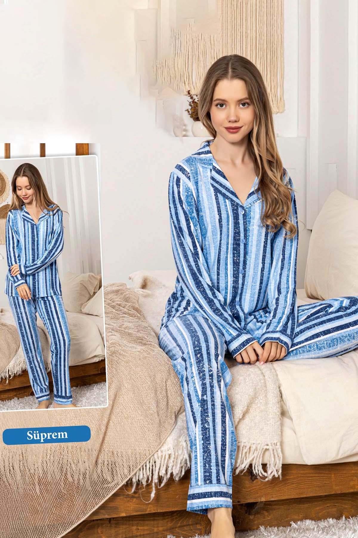 Kadın Çizgili Desen Düğmeli Suprem Pijama Takımı 0324 Mavi