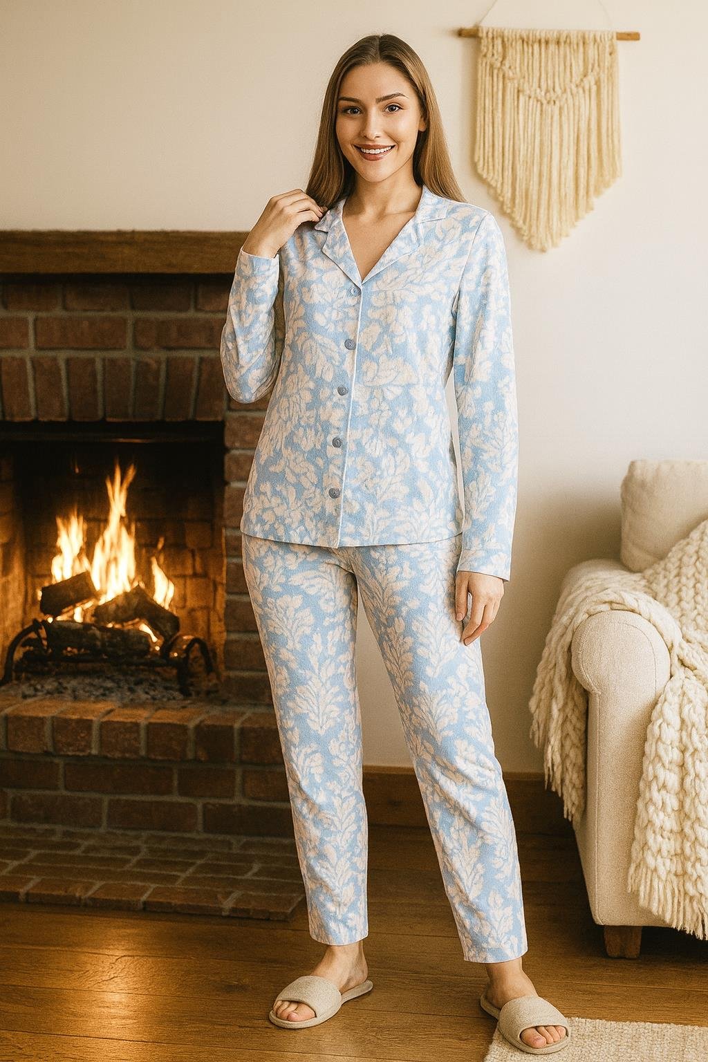 Kadın Desenli Suprem Düğmeli Pijama Takımı 0482 Mavi02