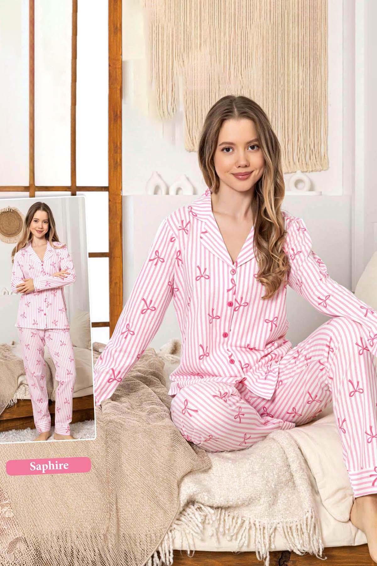 Kadın Fiyonk Desen Düğmeli Saphire Pijama Takımı 0376 Pembe