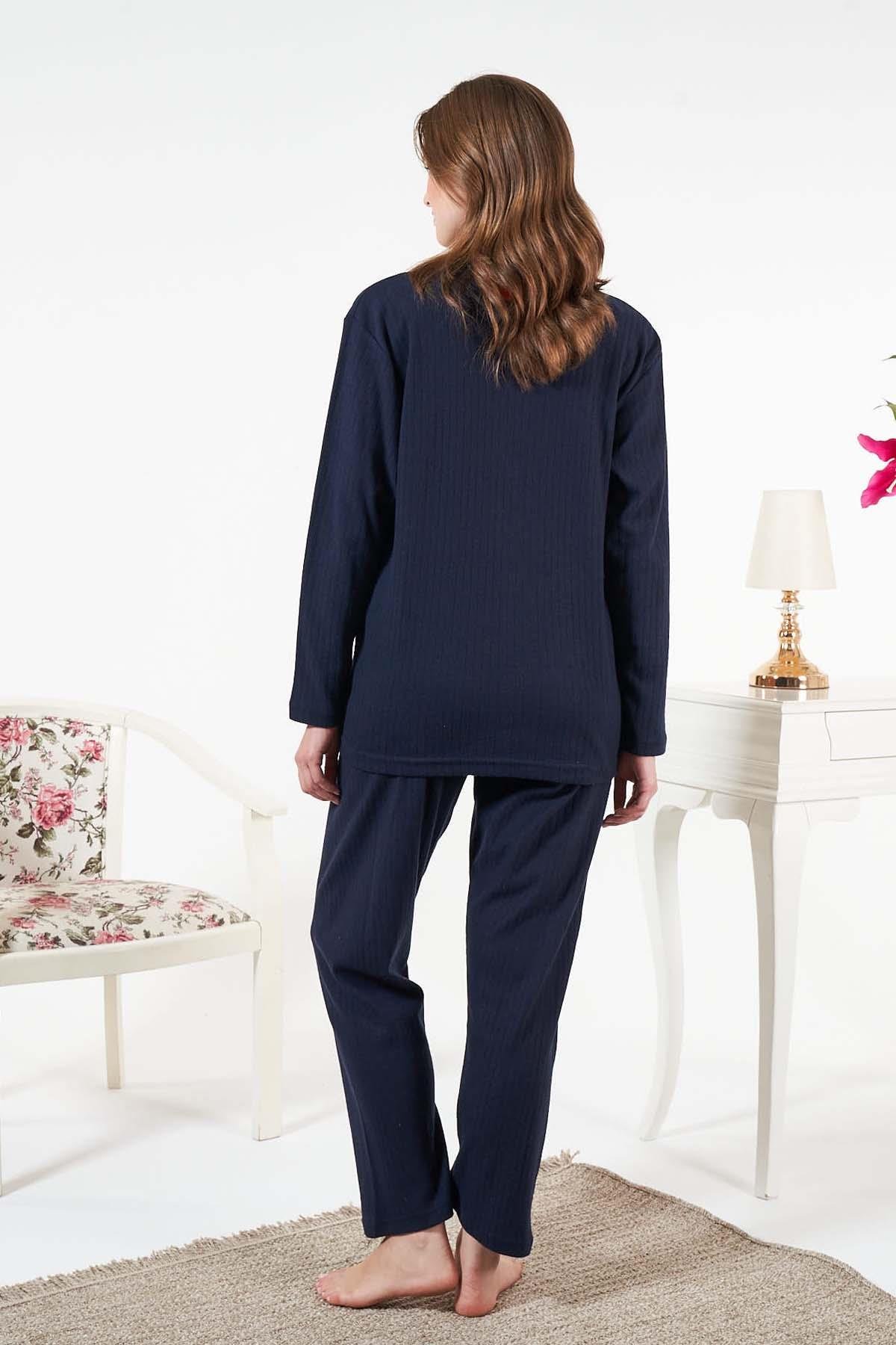 Kadın İnterlok Şardonlu Fitilli Pijama Takımı 25330 Lacivert