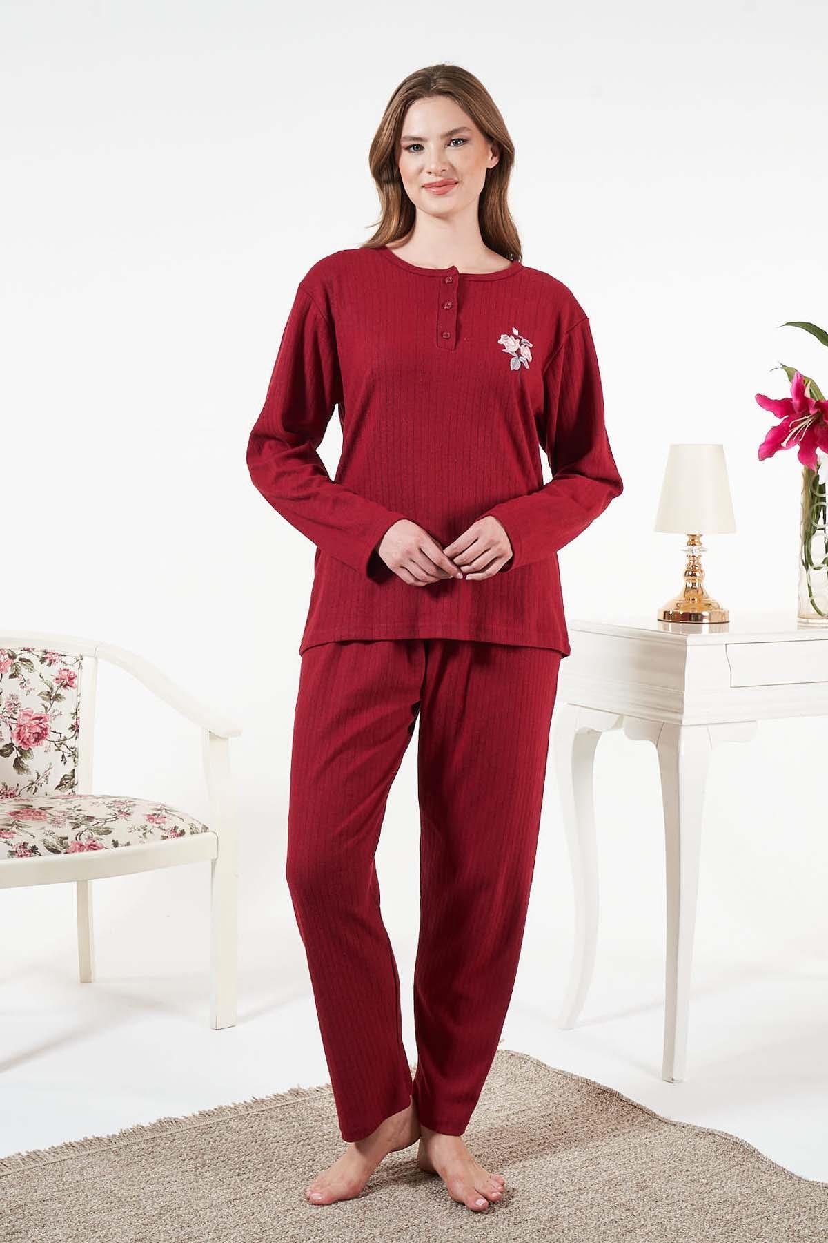 Kadın İnterlok Şardonlu Fitilli Pijama Takımı 25330 Bordo