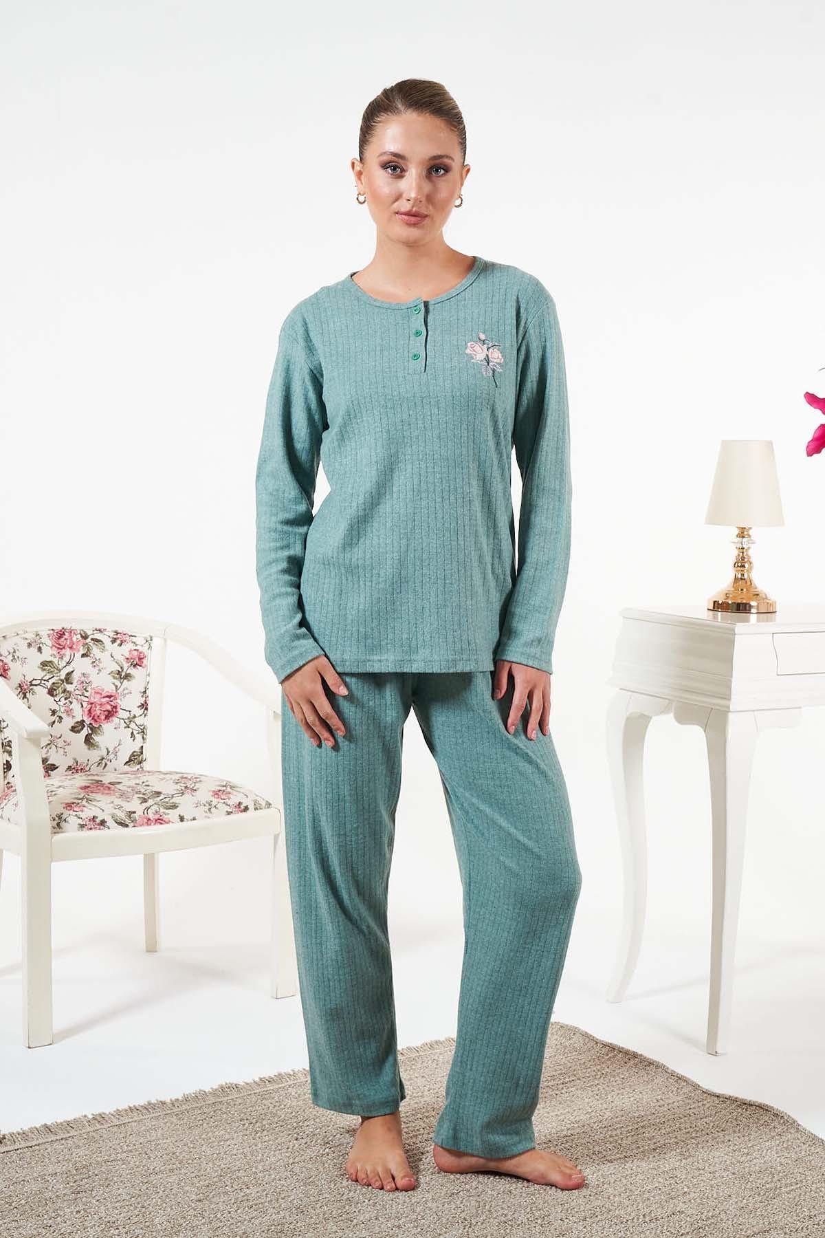 Kadın İnterlok Şardonlu Fitilli Pijama Takımı 25330 Mint