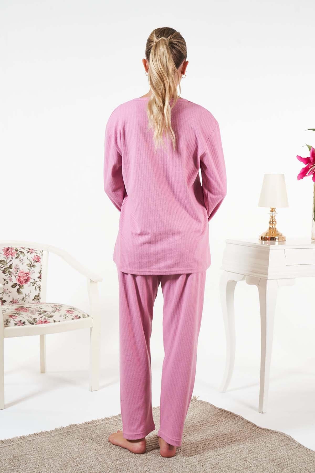 Kadın İnterlok Şardonlu Fitilli Pijama Takımı 25330 Pembe