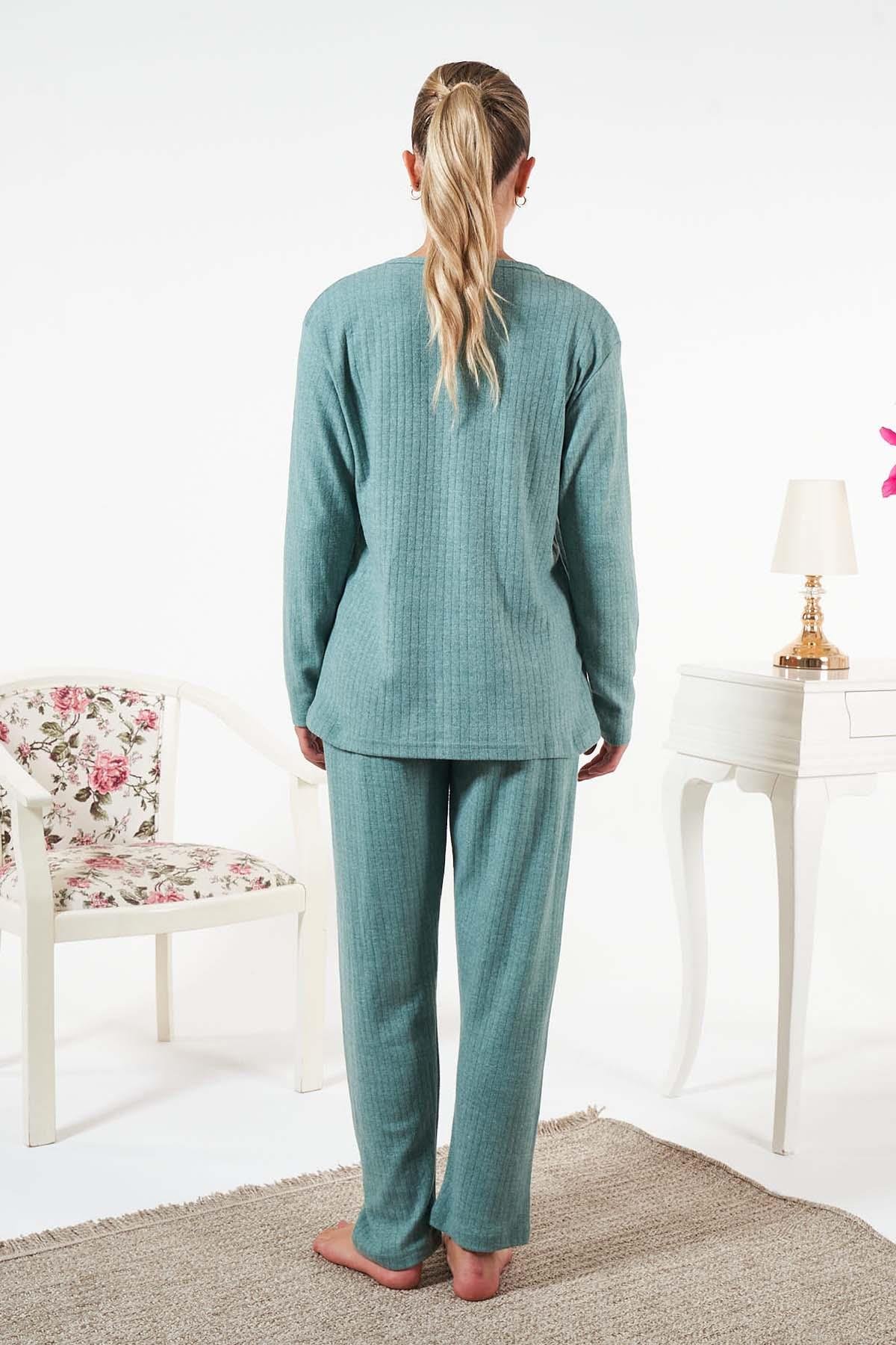 Kadın İnterlok Şardonlu Fitilli Pijama Takımı 25330 Mint