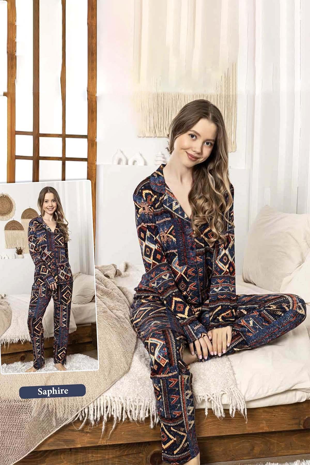 Kadın Kabile Desen Düğmeli Saphire Pijama Takımı 0335 Siyah02