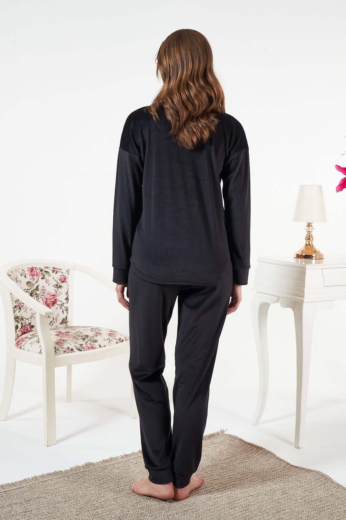 Kadın Kadife Baskılı 2'li Takım 25380 Siyah01