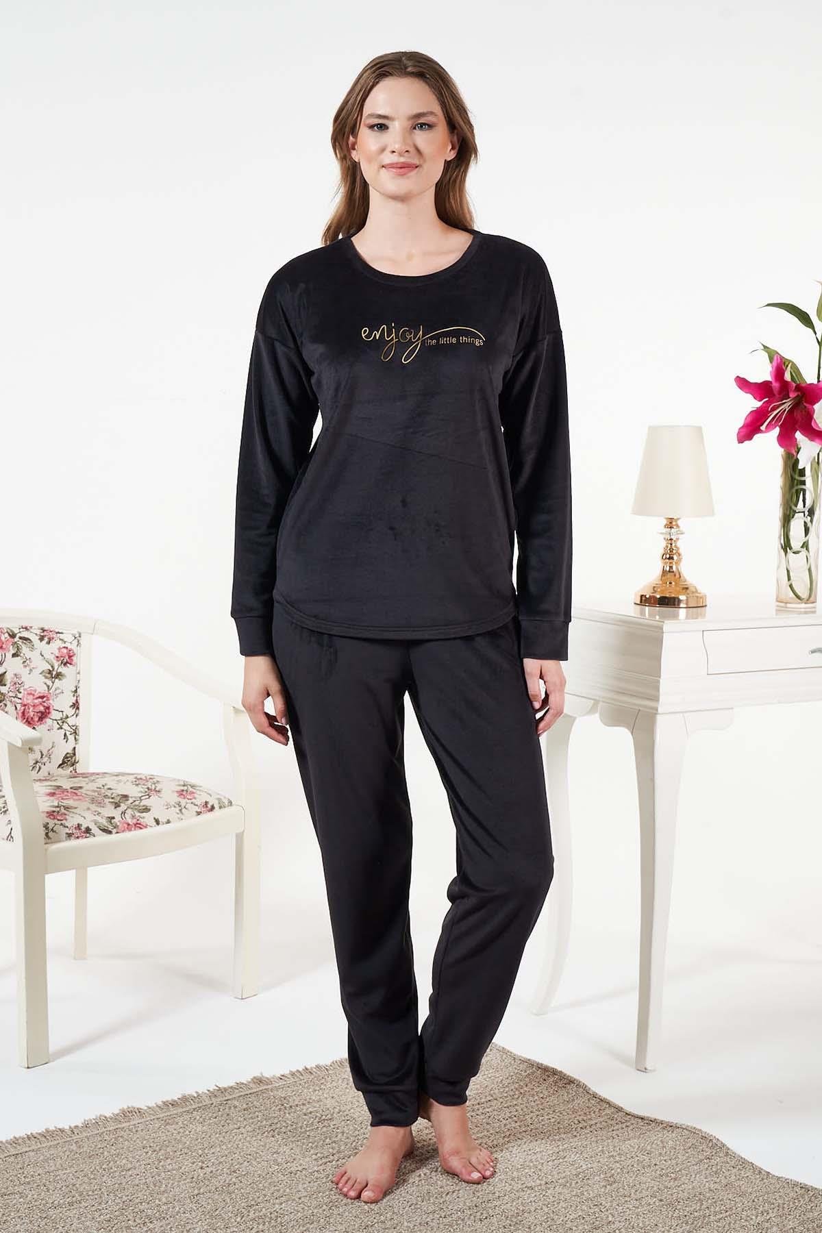 Kadın Kadife Baskılı 2'li Takım 25380 Siyah01