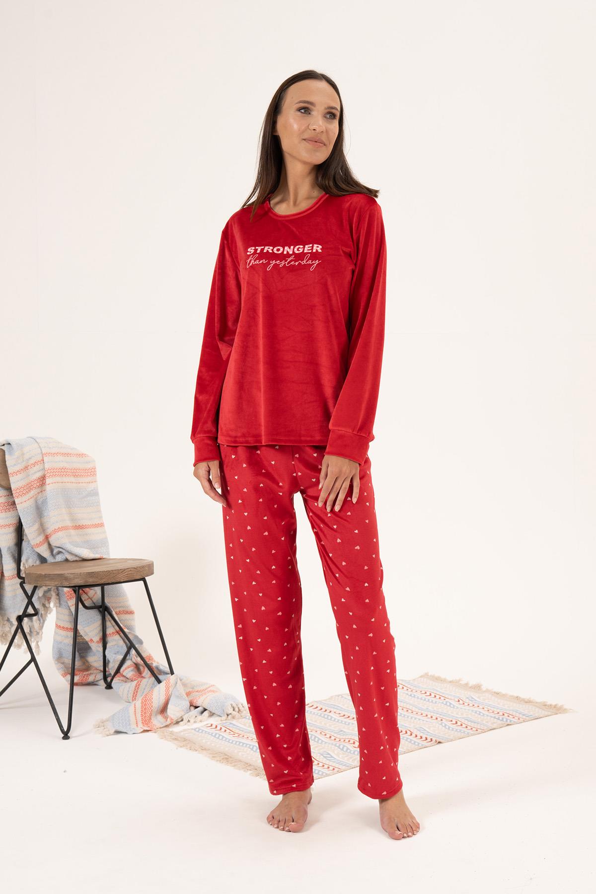 Kadın Kadife Kalpli Pijama Takımı 24352 Kırmızı