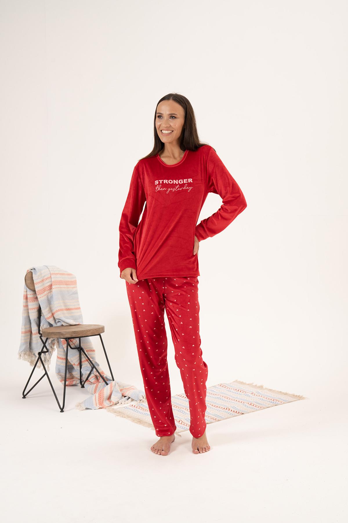 Kadın Kadife Kalpli Pijama Takımı 24352 Kırmızı