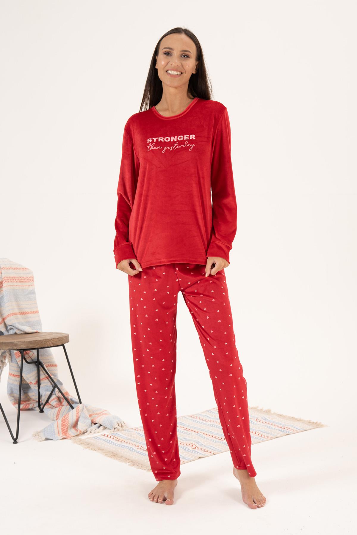 Kadın Kadife Kalpli Pijama Takımı 24352 Kırmızı