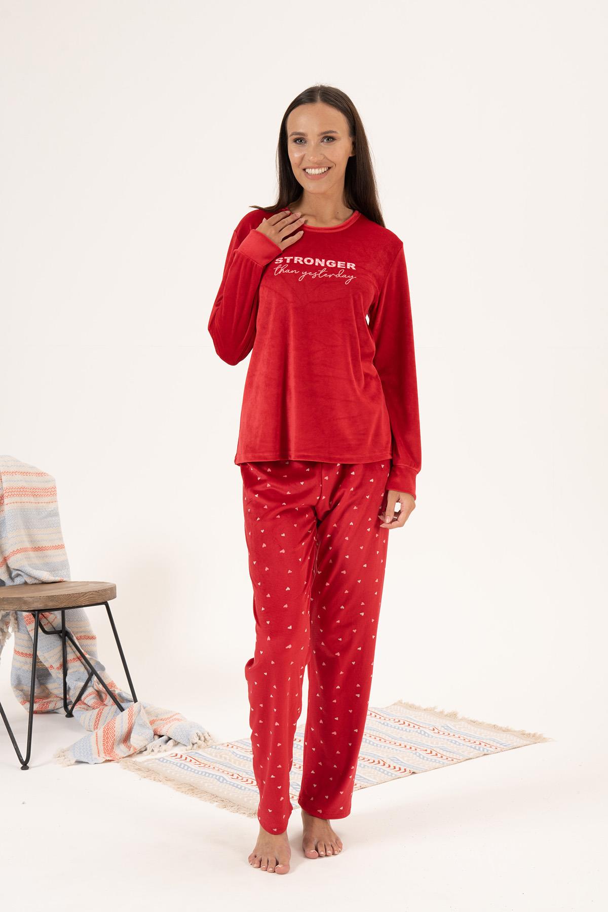 Kadın Kadife Kalpli Pijama Takımı 24352 Kırmızı