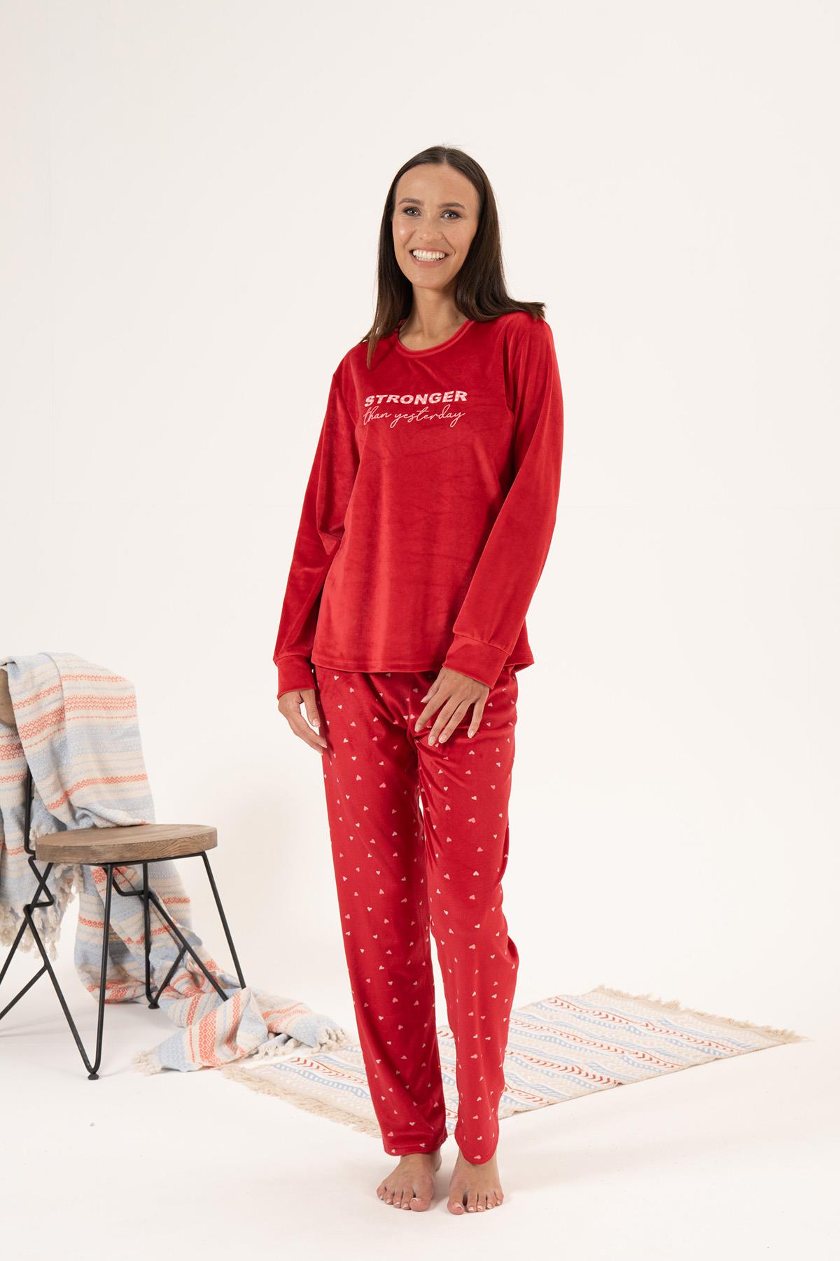 Kadın Kadife Kalpli Pijama Takımı 24352 Kırmızı