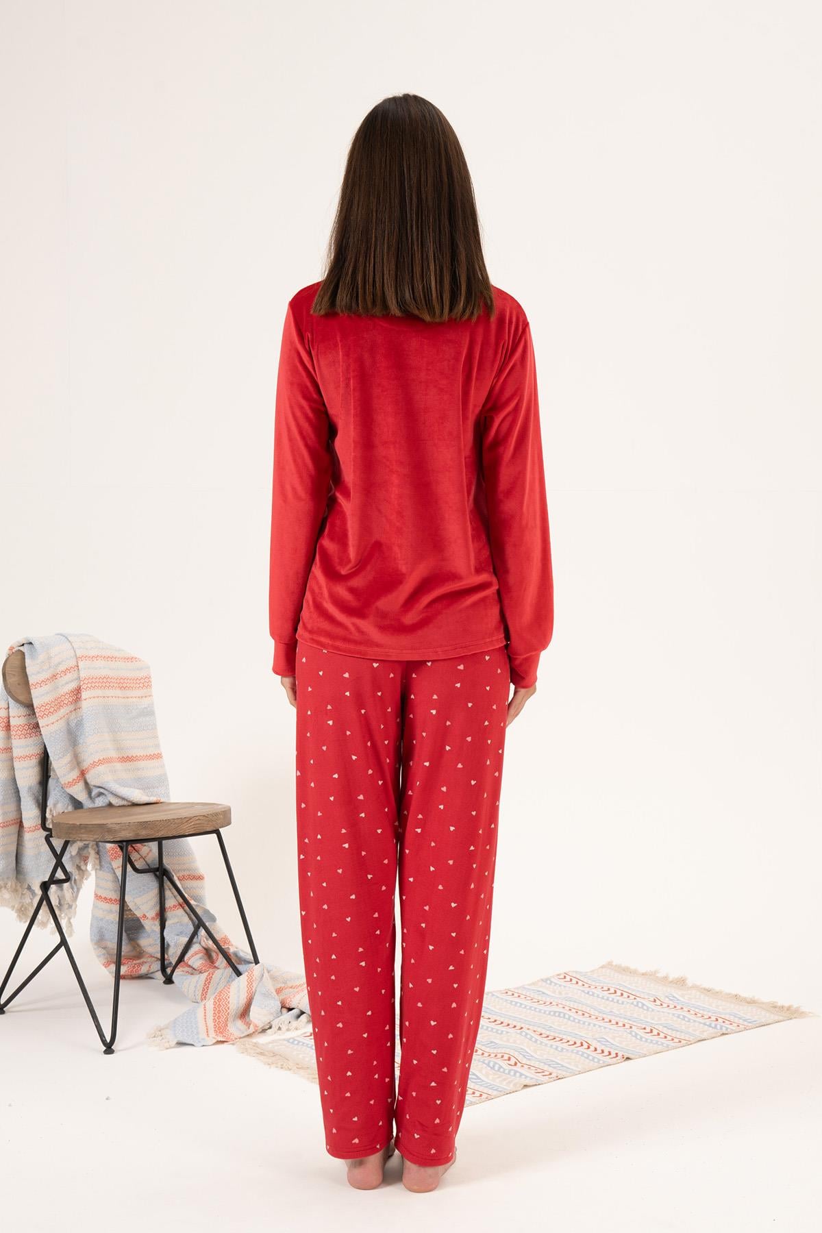 Kadın Kadife Kalpli Pijama Takımı 24352 Kırmızı