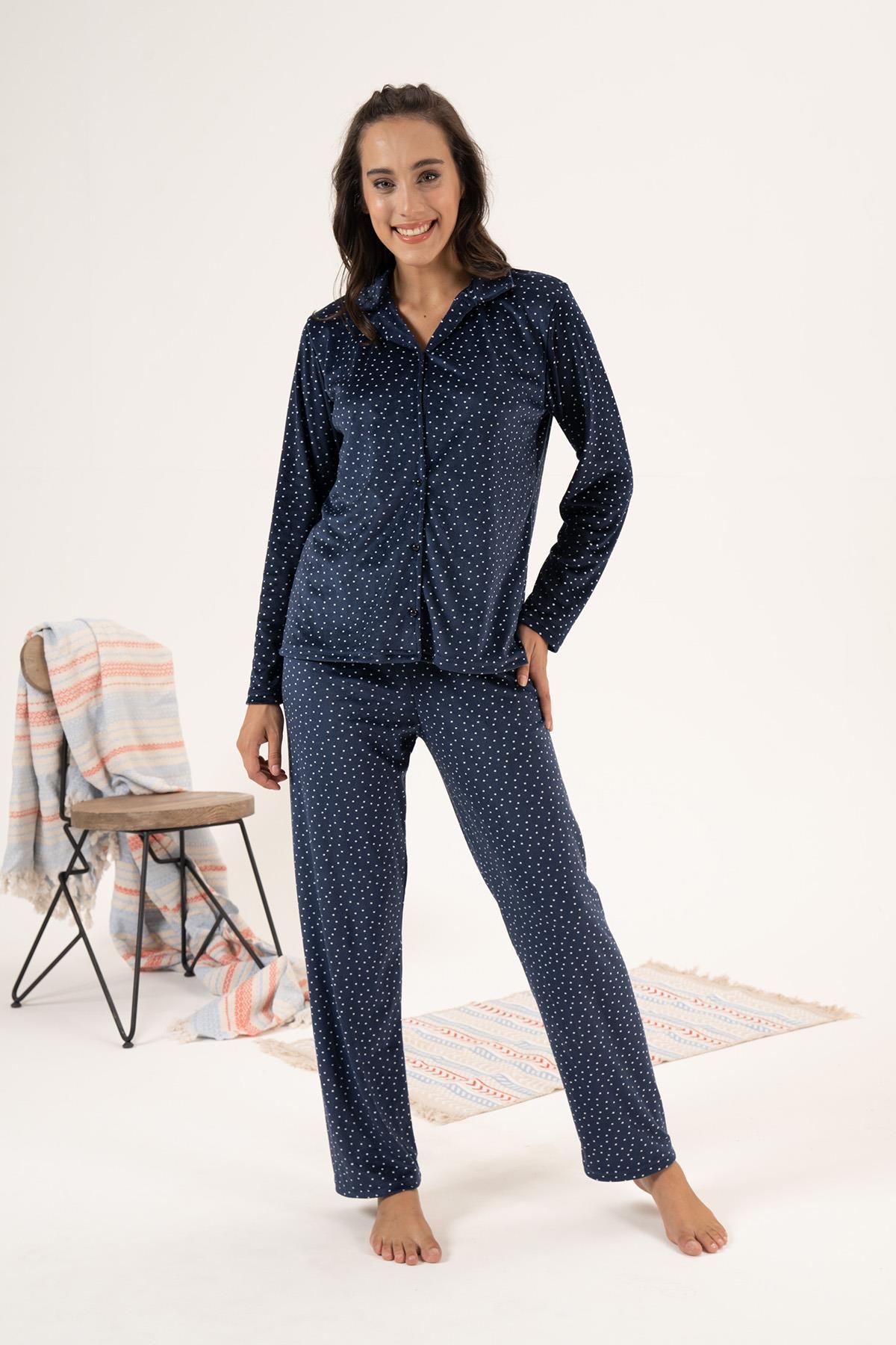 Kadın Kadife Önü Düğmeli Pijama Takımı 24364 Lacivert