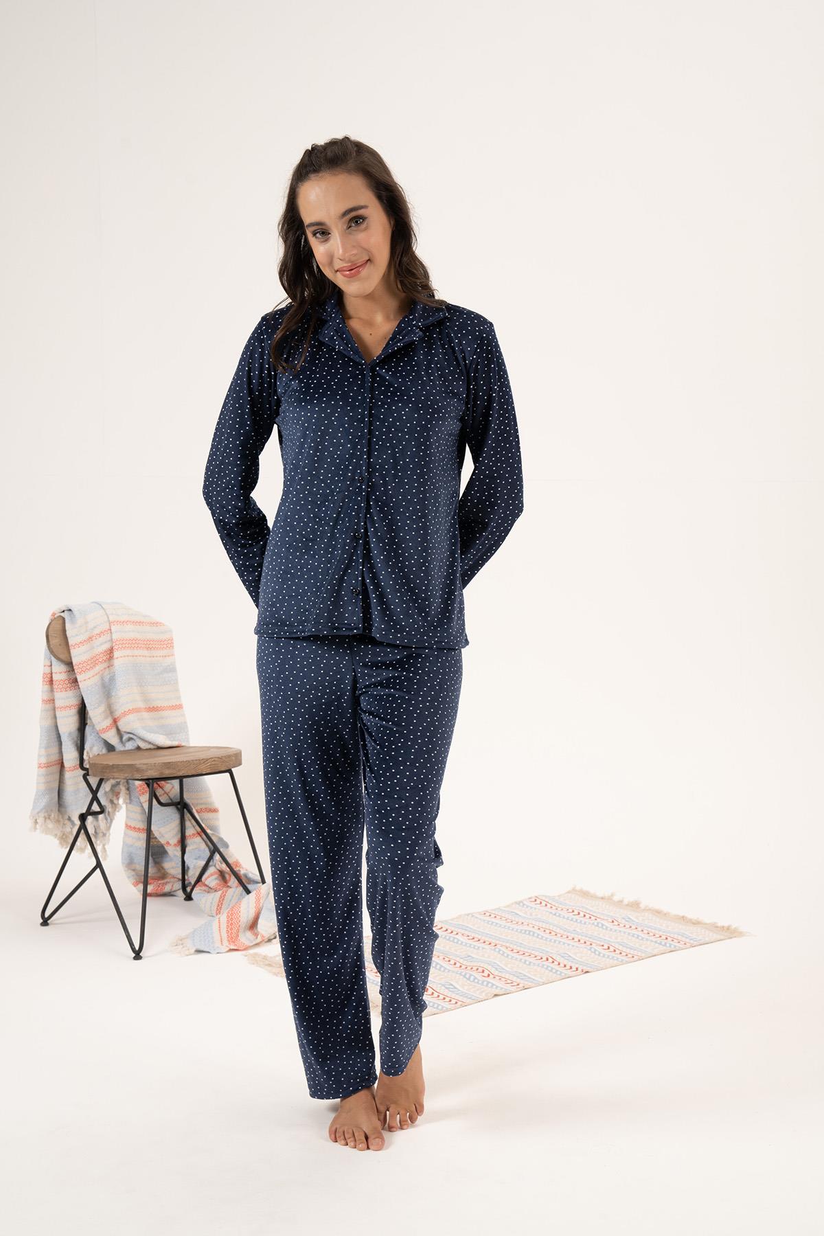 Kadın Kadife Önü Düğmeli Pijama Takımı 24364 Lacivert