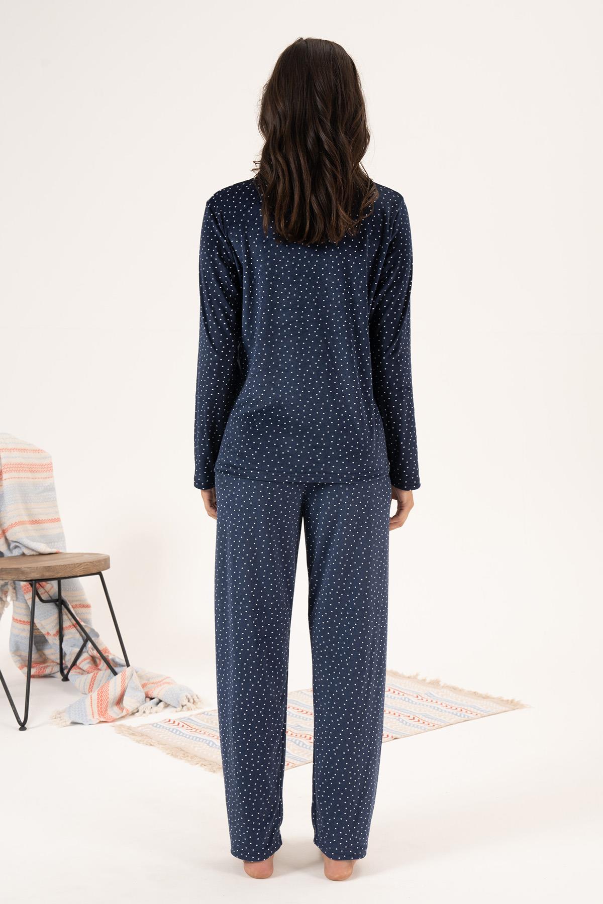 Kadın Kadife Önü Düğmeli Pijama Takımı 24364 Lacivert