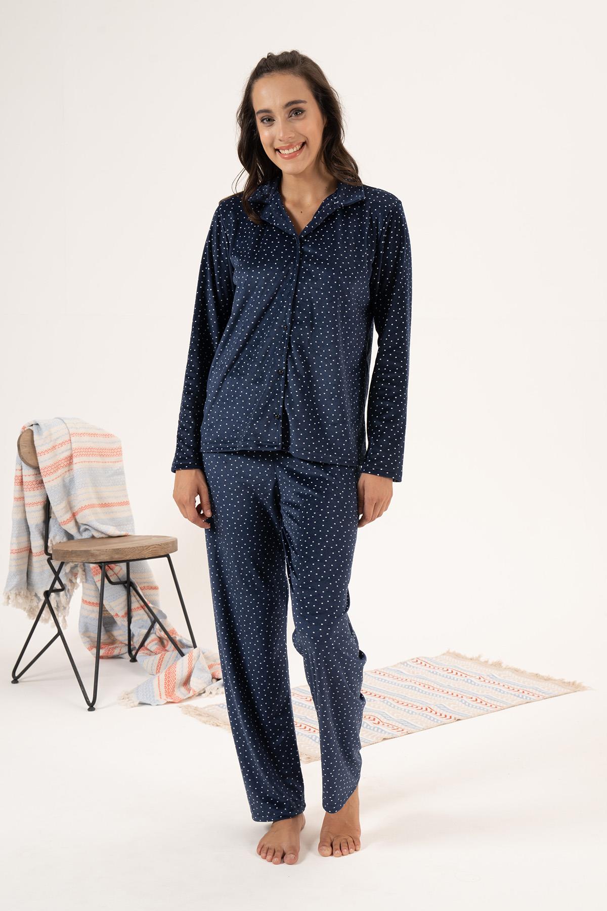 Kadın Kadife Önü Düğmeli Pijama Takımı 24364 Lacivert