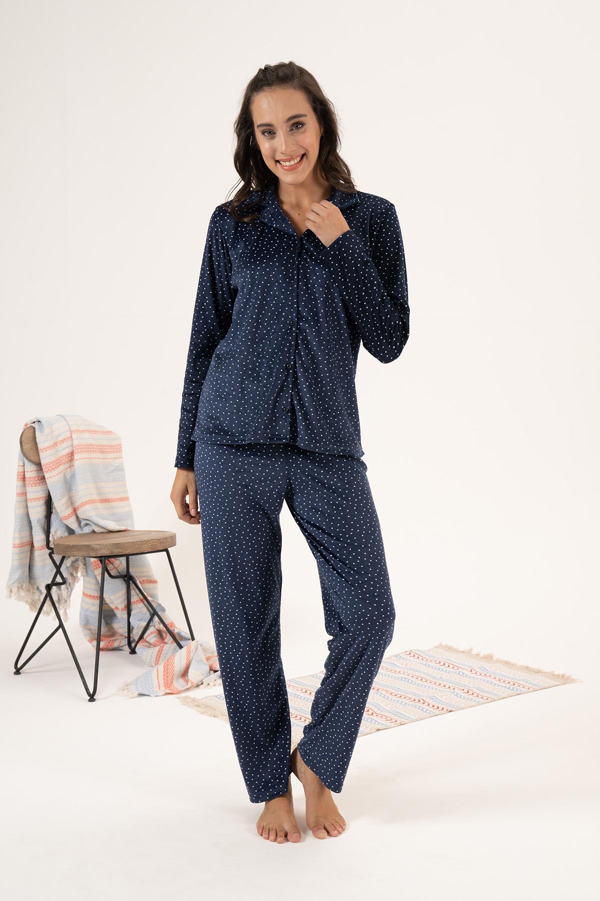 Kadın Kadife Önü Düğmeli Pijama Takımı 24364 Lacivert