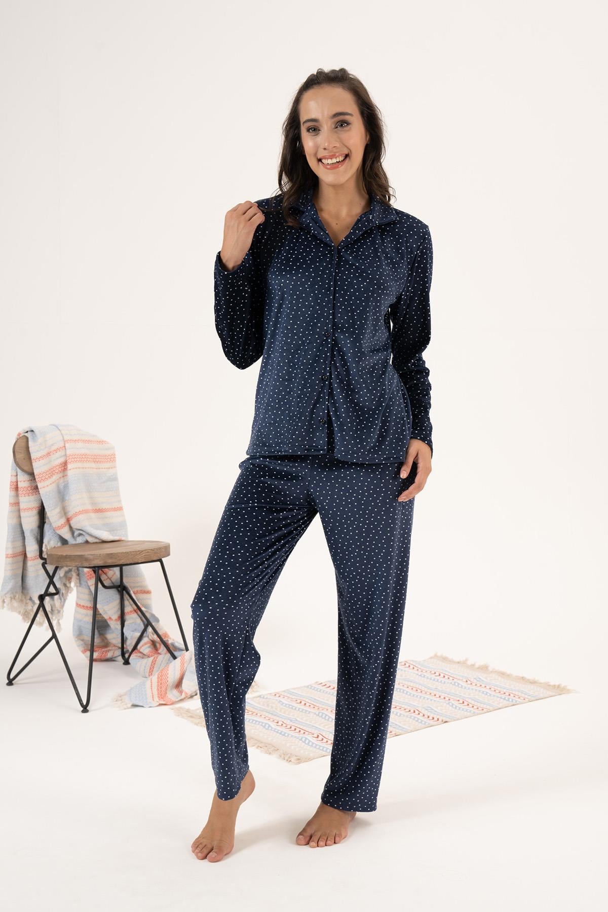 Kadın Kadife Önü Düğmeli Pijama Takımı 24364 Lacivert