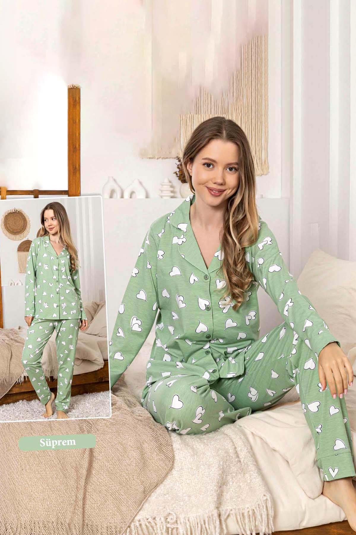 Kadın Kalp Desen Düğmeli Suprem Pijama Takımı 0381 Yeşil