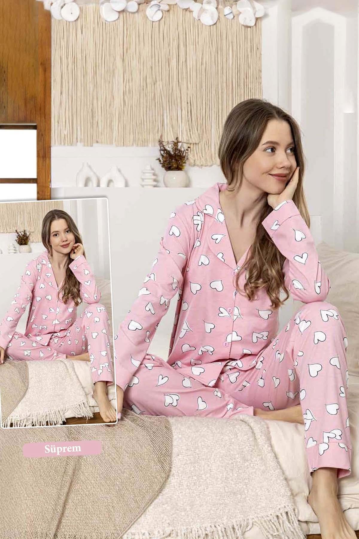 Kadın Kalp Desen Düğmeli Suprem Pijama Takımı 0392 Pembe01