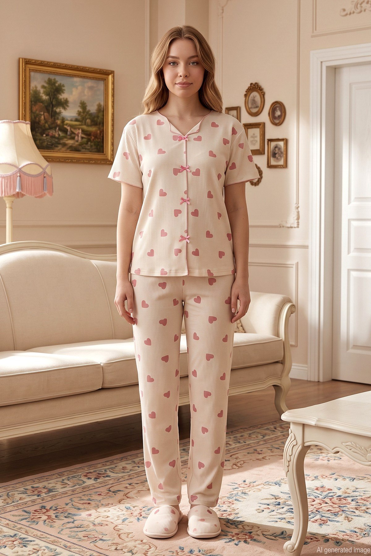 Kadın Kalp Desen Kısa Kol Berlin Pijama Takımı 008 Ekru