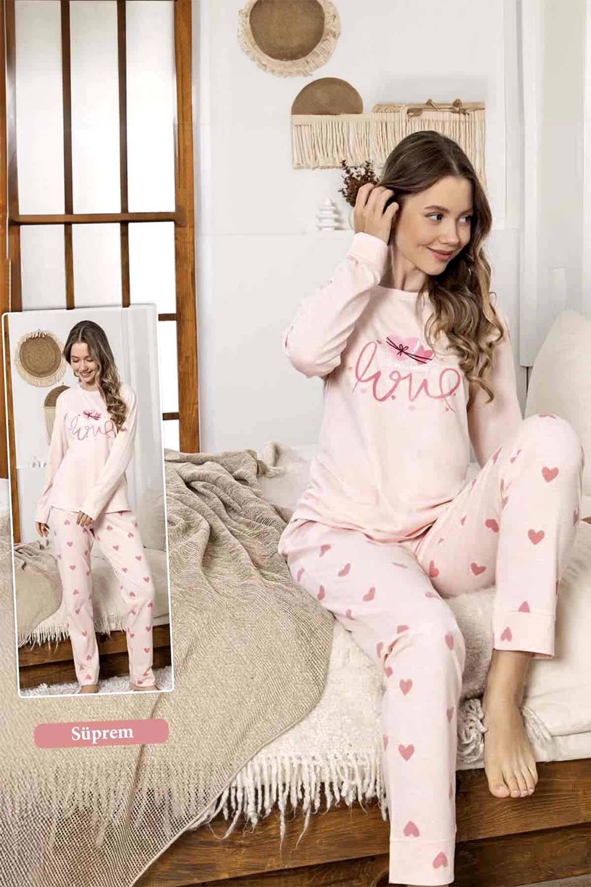 Kadın Kalp Desen Suprem Pijama Takımı 0327 Pembe02