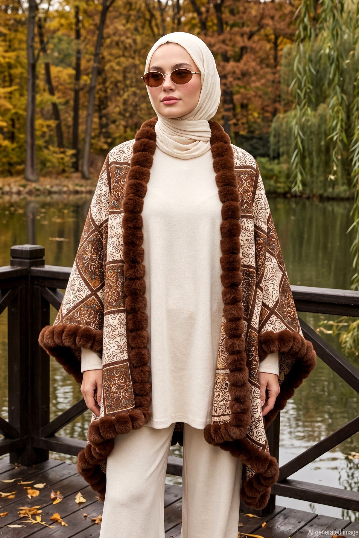 Kadın Kare Blok Desen Panço PNC15 Kahverengi